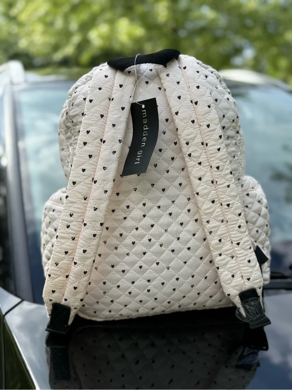 MADDEN GIRL Quilted White Heart Accent Backpack with Black Check Pocket